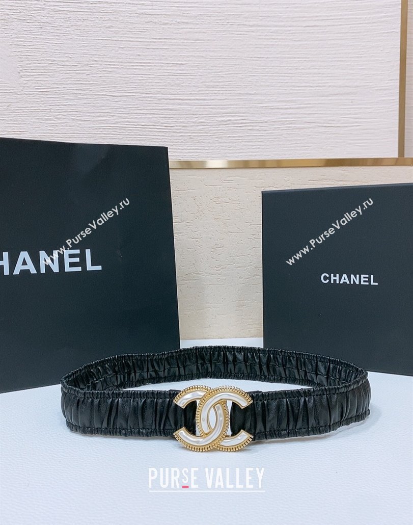 Chanel Stretch Lambskin Belt 3cm with White and Gold CC Buckle Black/Trim 2025 (99-250315037)