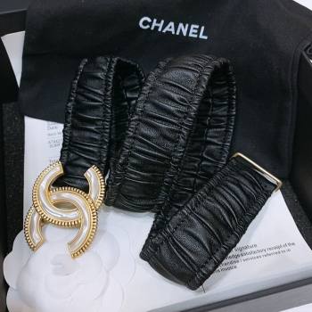 Chanel Stretch Lambskin Belt 3cm with White and Gold CC Buckle Black/Trim 2025 (99-250315037)