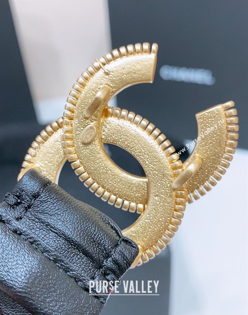 Chanel Stretch Lambskin Belt 3cm with White and Gold CC Buckle Black/Trim 2025 (99-250315037)
