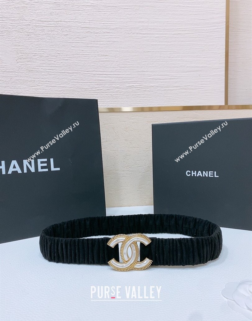 Chanel Stretch Suede Belt 3cm with White and Gold CC Buckle Black 2025 (99-250315039)