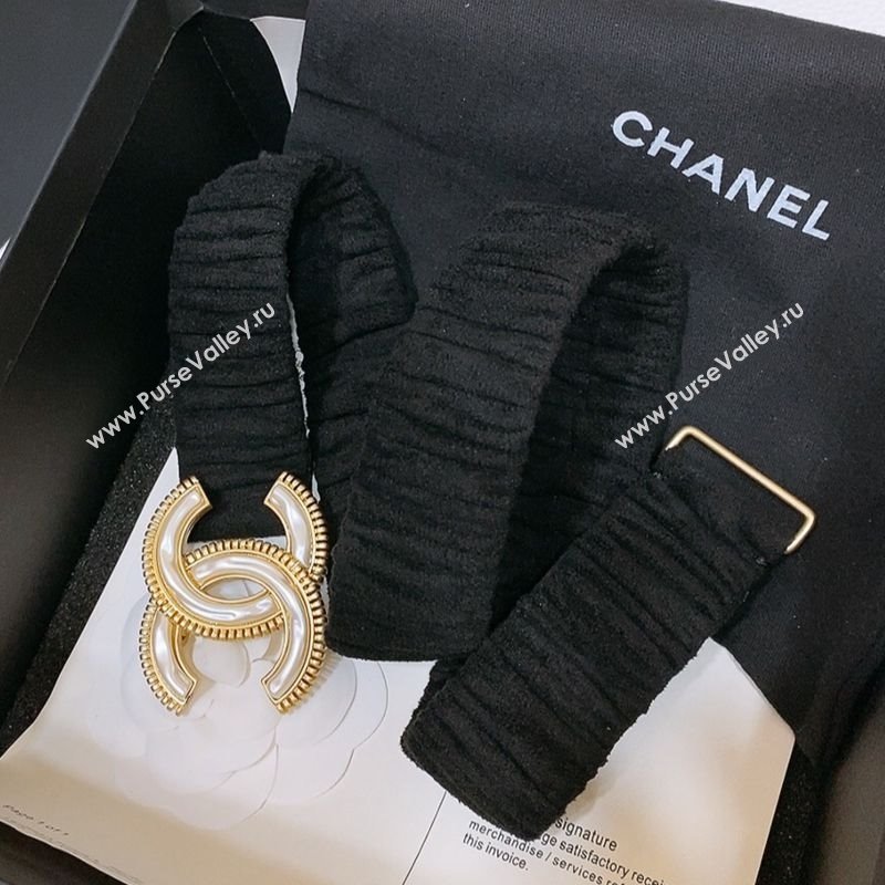 Chanel Stretch Suede Belt 3cm with White and Gold CC Buckle Black 2025 (99-250315039)