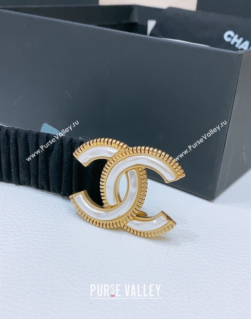 Chanel Stretch Suede Belt 3cm with White and Gold CC Buckle Black 2025 (99-250315039)