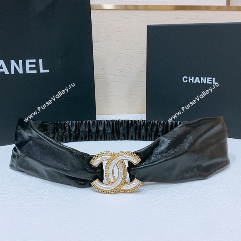 Chanel Stretch Shiny Lambskin Belt 3cm with White and Gold CC Buckle Black 2025 (99-250315042)