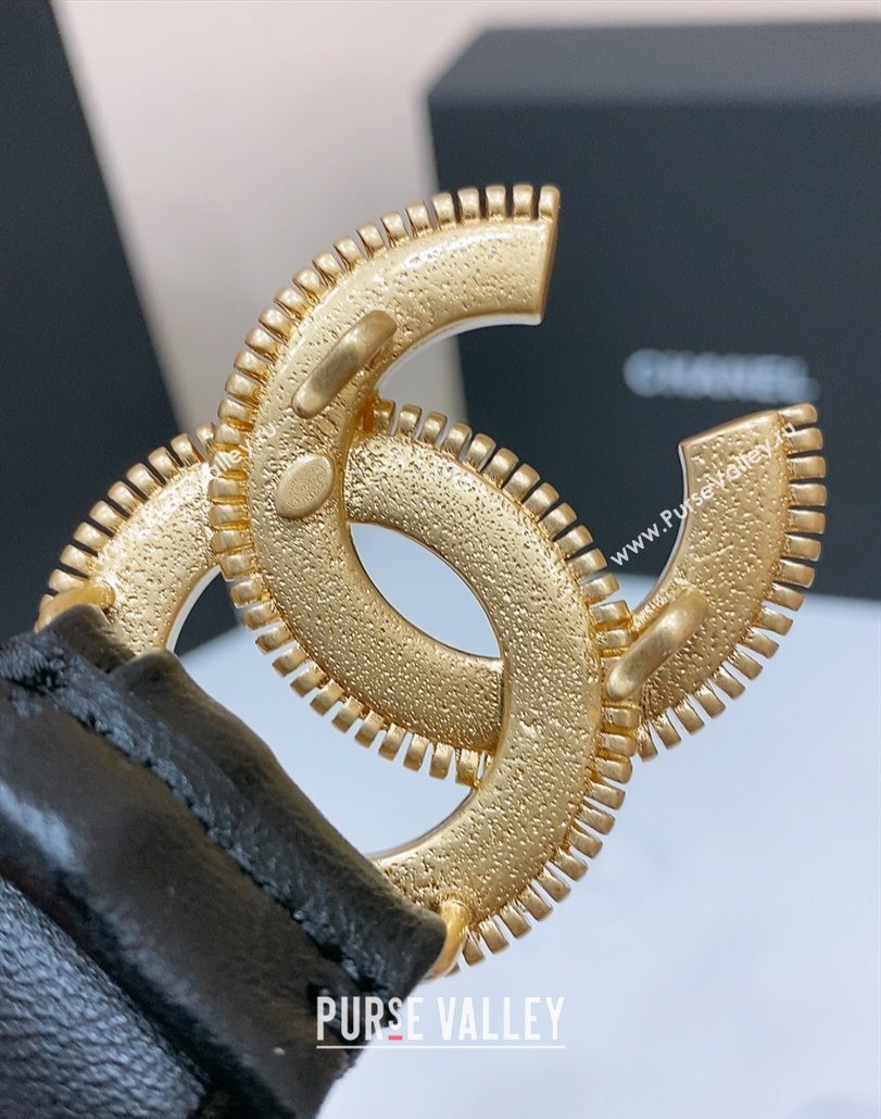 Chanel Stretch Shiny Lambskin Belt 3cm with White and Gold CC Buckle Black 2025 (99-250315042)