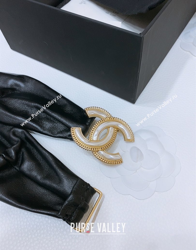 Chanel Stretch Shiny Lambskin Belt 3cm with White and Gold CC Buckle Black 2025 (99-250315042)