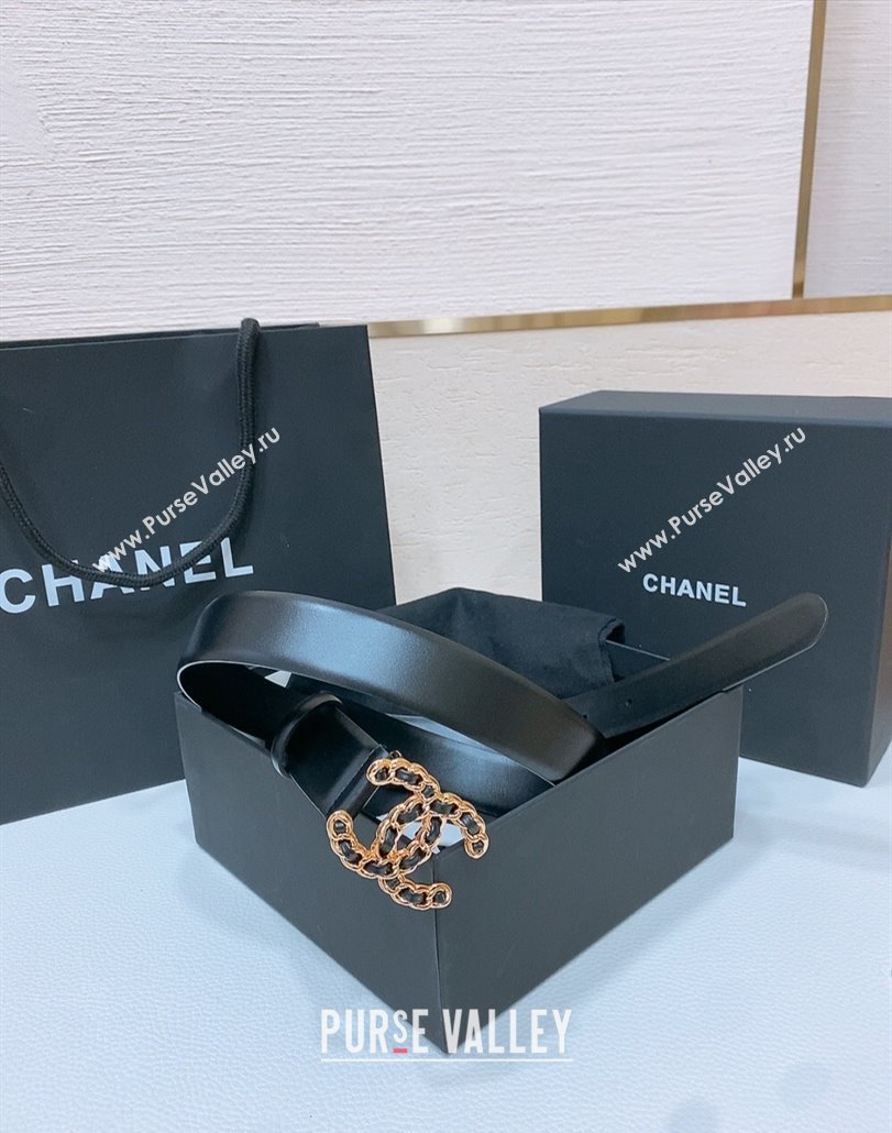 Chanel Classic Calfskin Leather Belt 3cm with Chain CC Buckle Black/Gold 2025 0314 (99-250315059)