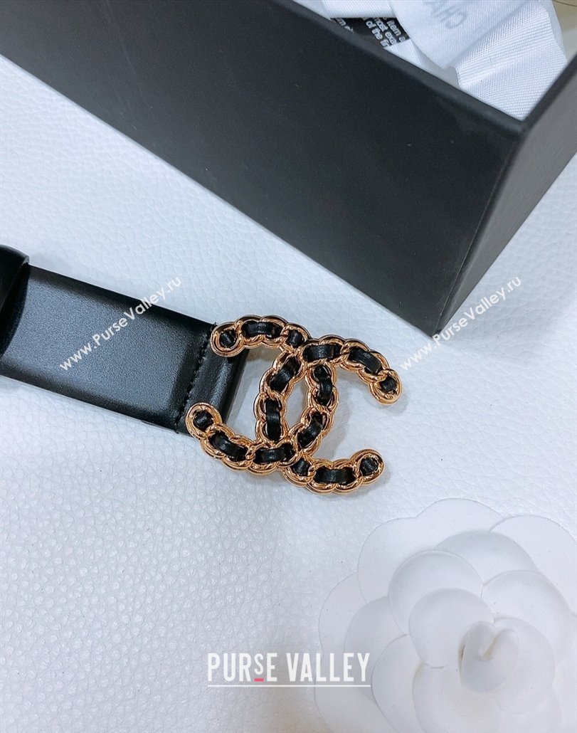 Chanel Classic Calfskin Leather Belt 3cm with Chain CC Buckle Black/Gold 2025 0314 (99-250315059)