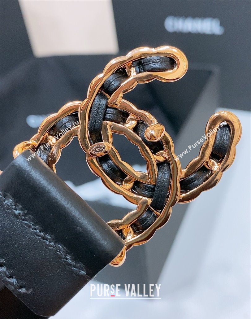 Chanel Classic Calfskin Leather Belt 3cm with Chain CC Buckle Black/Gold 2025 0314 (99-250315059)