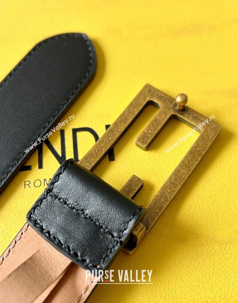 Fendi Womens Calfskin Belt 3cm with FF Buckle Black/Aged Gold 2025 0315 (99-250315009)