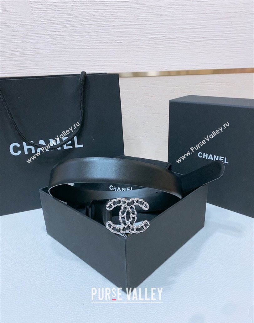 Chanel Classic Calfskin Leather Belt 3cm with Chain CC Buckle Black/Silver 2025 0314 (99-250315062)
