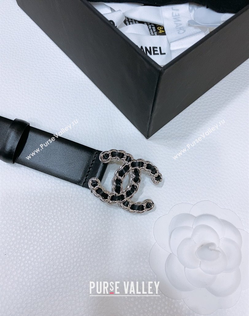 Chanel Classic Calfskin Leather Belt 3cm with Chain CC Buckle Black/Silver 2025 0314 (99-250315062)