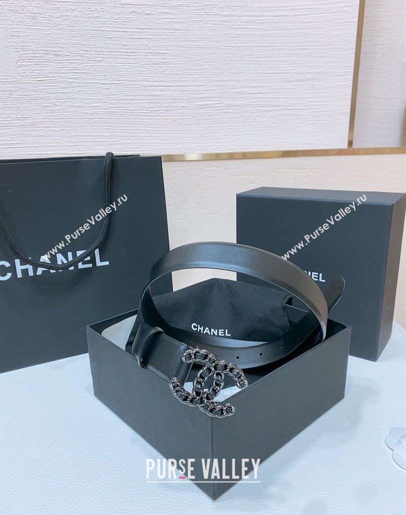 Chanel Classic Calfskin Leather Belt 3cm with Chain CC Buckle Black/Gunmetal 2025 0314 (99-250315063)