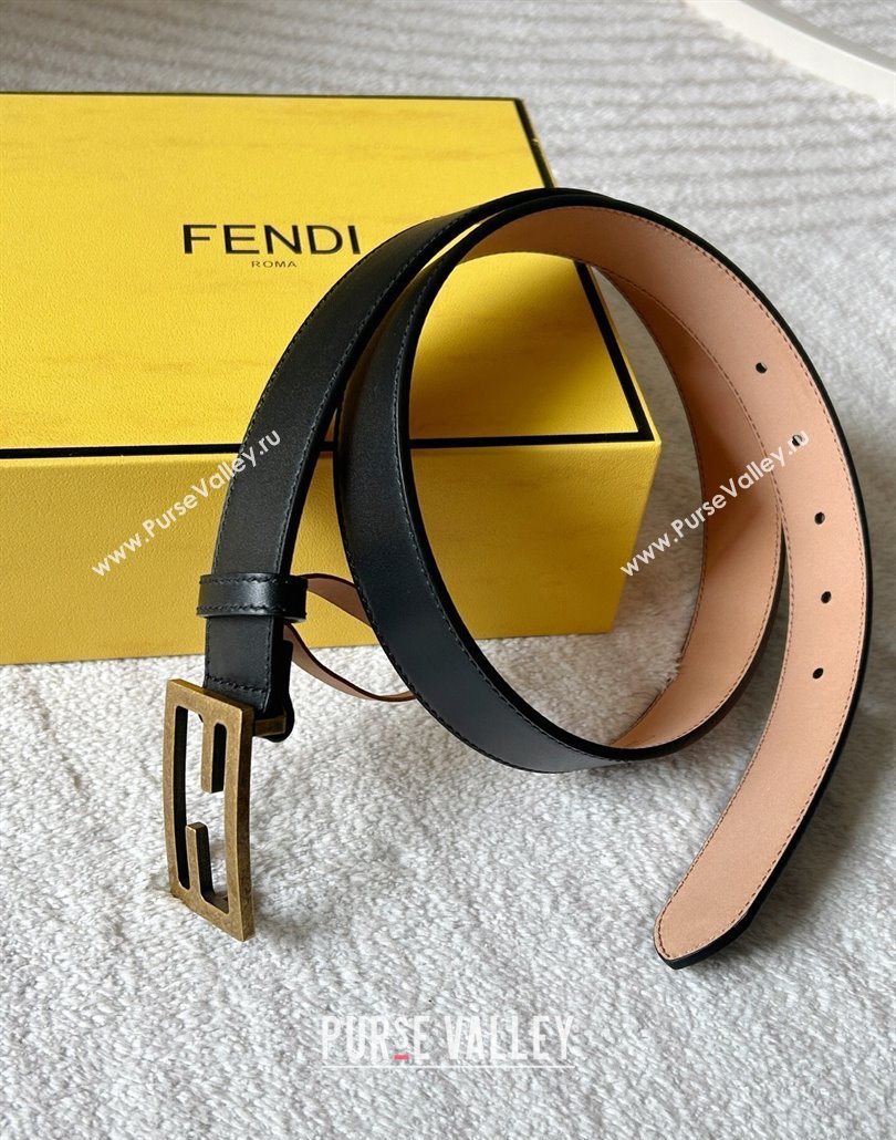 Fendi Womens Calfskin Belt 3cm with FF Buckle Black/Aged Gold 2025 0315 (99-250315009)