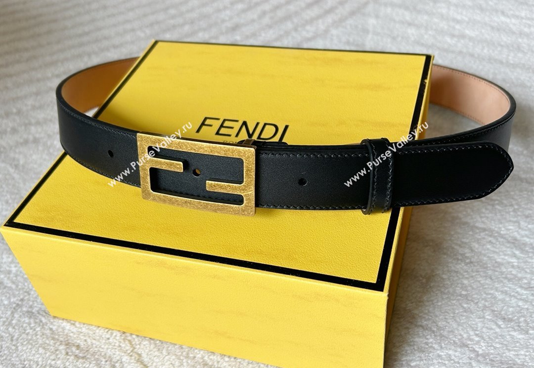 Fendi Womens Calfskin Belt 3cm with FF Buckle Black/Aged Gold 2025 0315 (99-250315009)