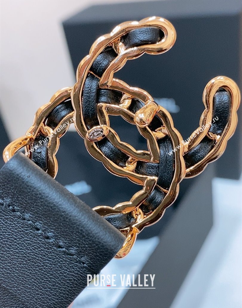Chanel Classic Calfskin Leather Belt 3cm with Chain CC Buckle Black/CC 2025 0314 (99-250315064)