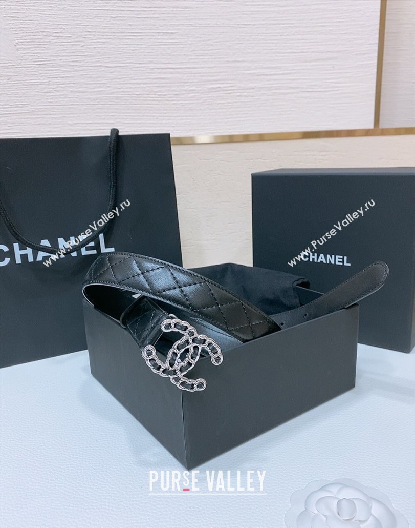 Chanel Classic Quilted Calfskin Belt 3cm with Chain CC Buckle Black/Silver 2025 0314 (99-250315066)