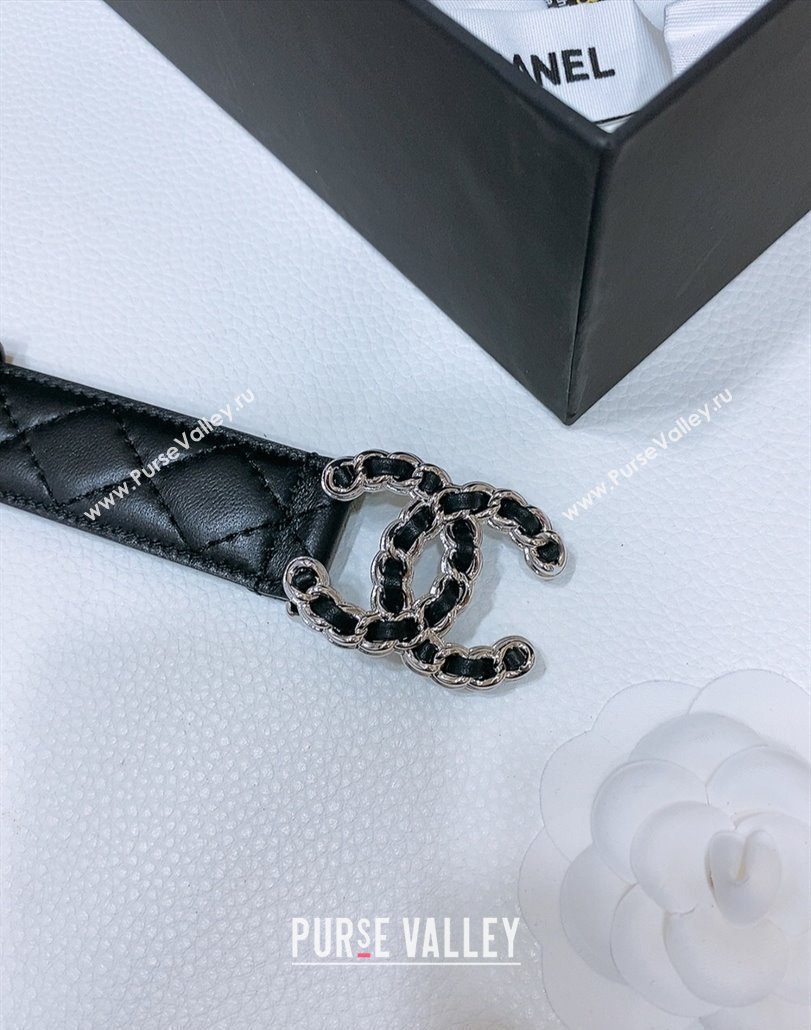 Chanel Classic Quilted Calfskin Belt 3cm with Chain CC Buckle Black/Silver 2025 0314 (99-250315066)