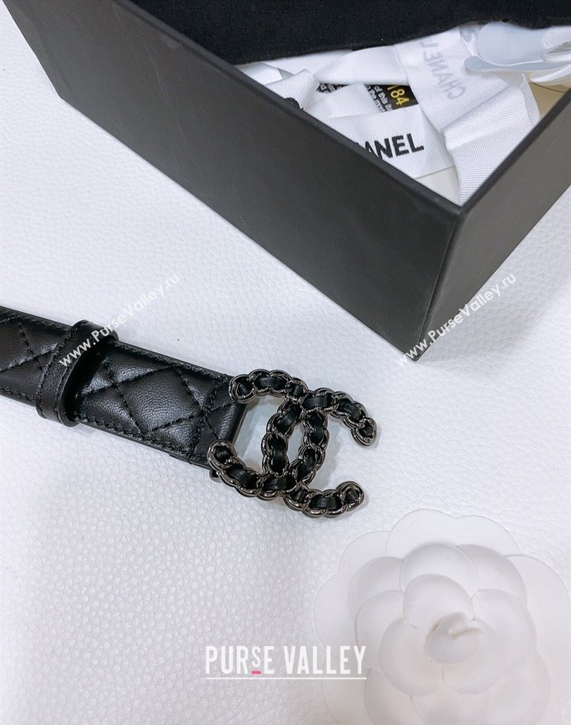Chanel Classic Quilted Calfskin Belt 3cm with Chain CC Buckle Black/Gunmetal 2025 0314 (99-250315068)