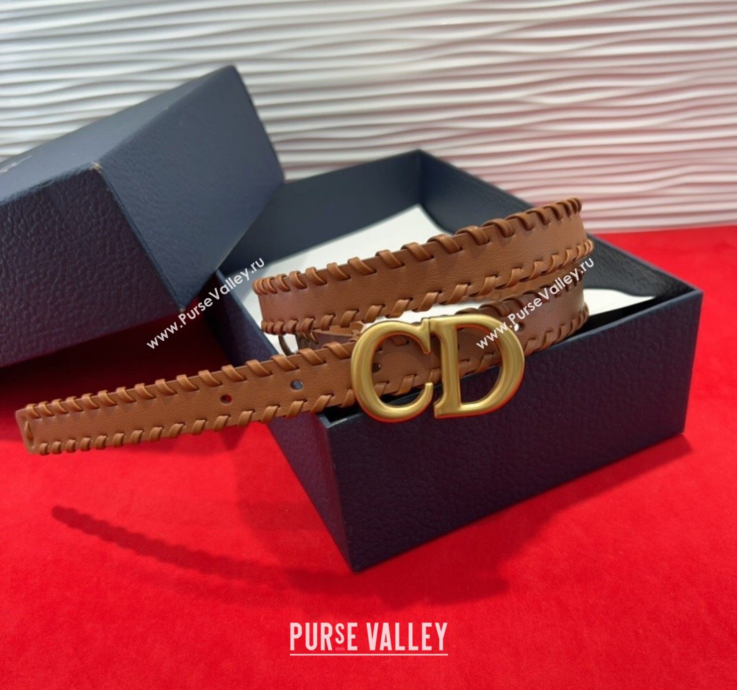 Dior Saddle Belt 2cm with CD Buckle and Leather Topstitching in Smooth Calfskin Brown/Gold 2025 (99-250508157)