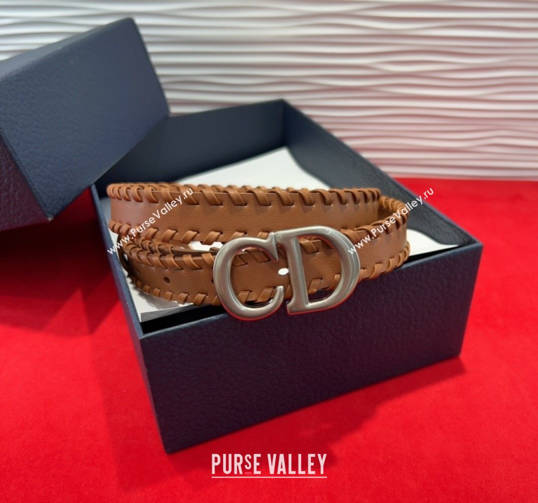Dior Saddle Belt 2cm with CD Buckle and Leather Topstitching in Smooth Calfskin Brown/Silver 2025 (99-250508159)