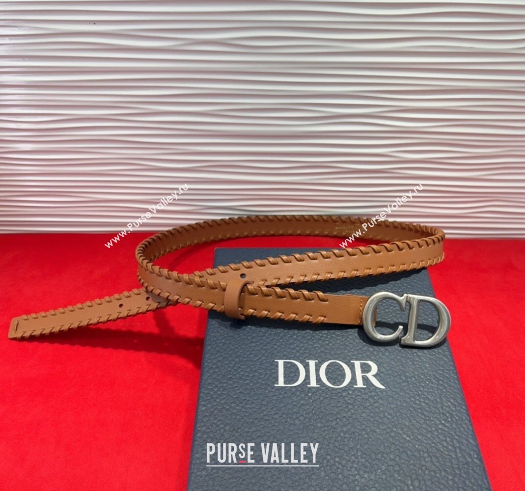 Dior Saddle Belt 2cm with CD Buckle and Leather Topstitching in Smooth Calfskin Brown/Silver 2025 (99-250508159)