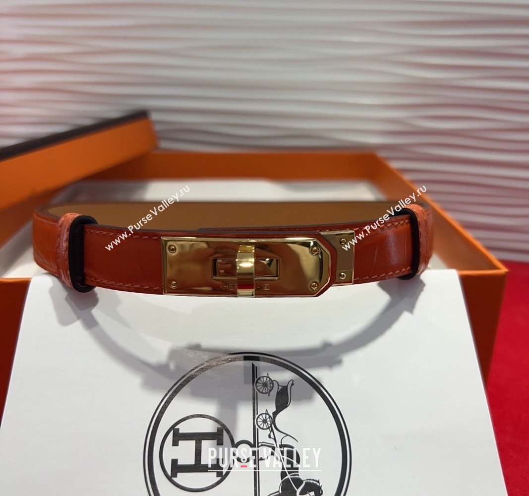 Hermes Kelly Duo Belt 1.8cm in Crocodile Embossed Calfskin with Metal-Tone Buckle Orange/Gold 2025 H2011025 (99-250508166)