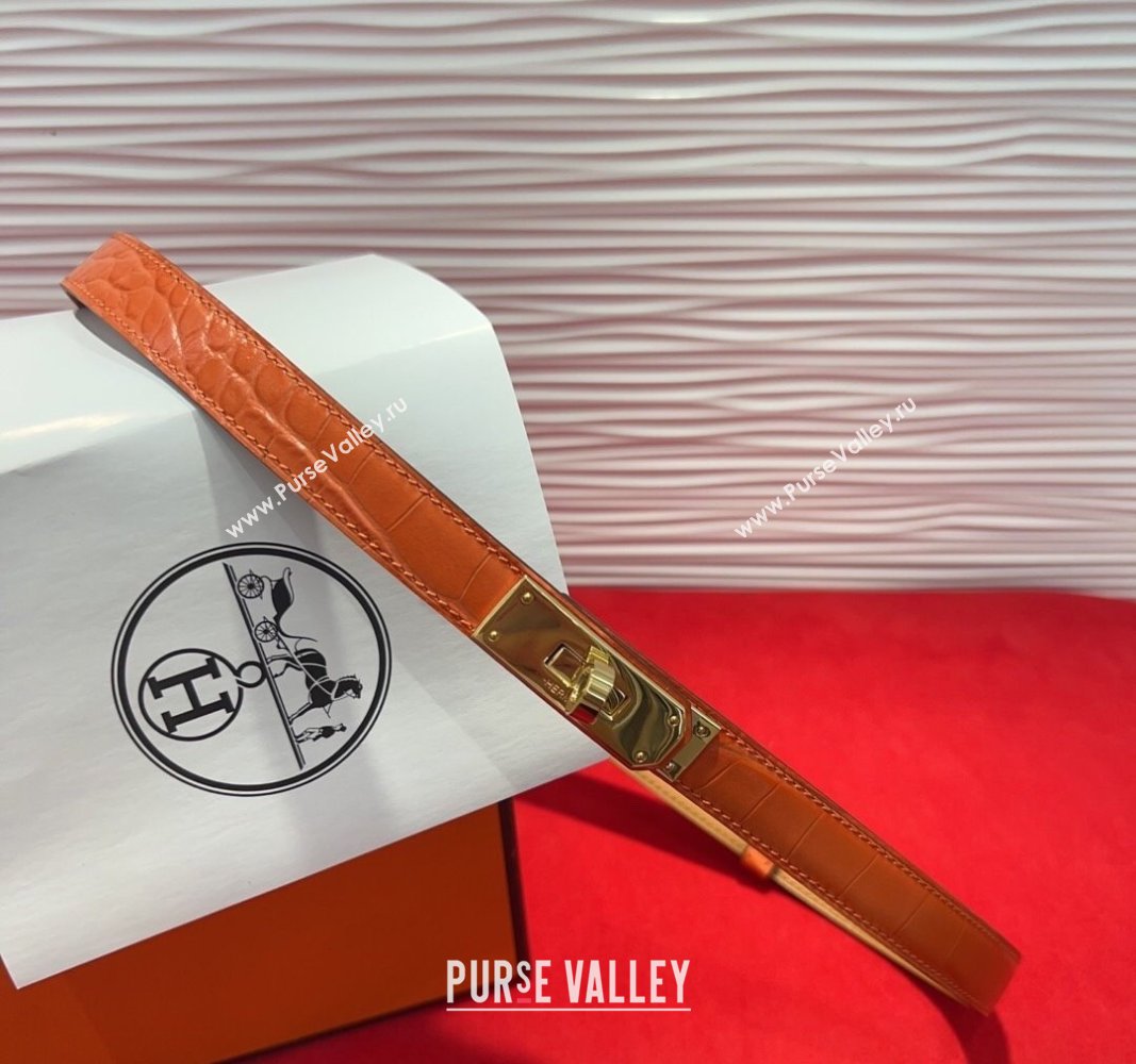 Hermes Kelly Duo Belt 1.8cm in Crocodile Embossed Calfskin with Metal-Tone Buckle Orange/Gold 2025 H2011025 (99-250508166)