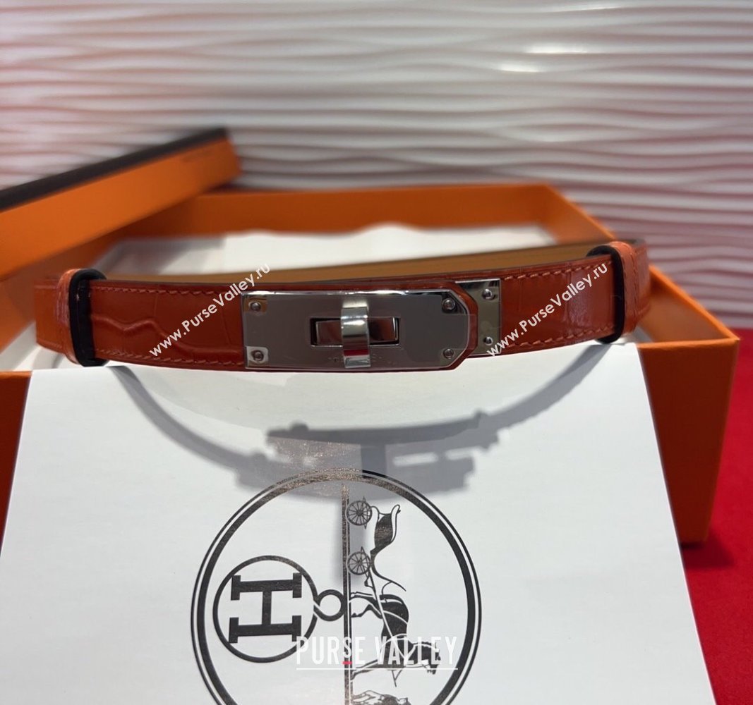 Hermes Kelly Duo Belt 1.8cm in Crocodile Embossed Calfskin with Metal-Tone Buckle Orange/Silver 2025 H2011025 (99-250508167)
