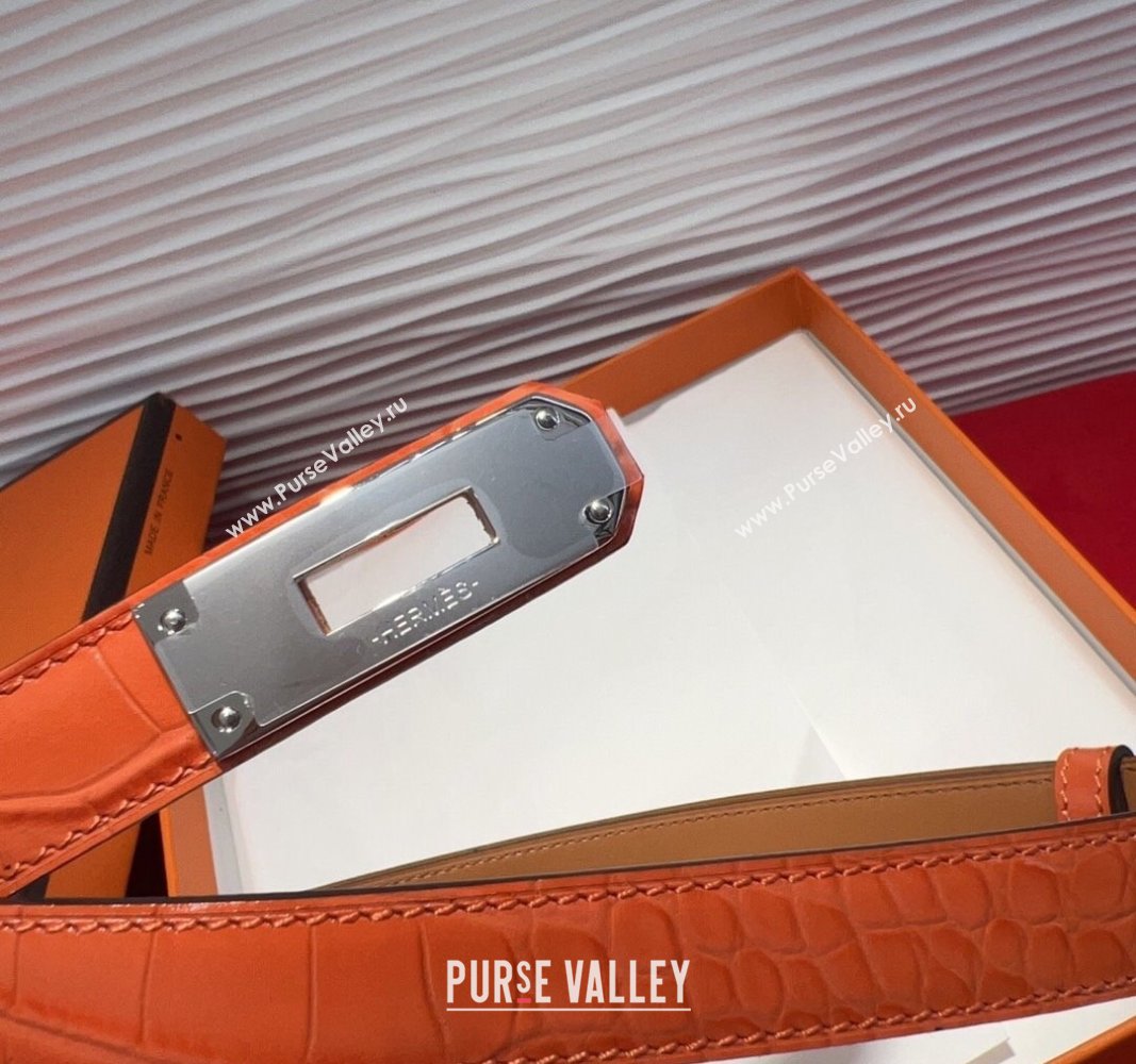 Hermes Kelly Duo Belt 1.8cm in Crocodile Embossed Calfskin with Metal-Tone Buckle Orange/Silver 2025 H2011025 (99-250508167)