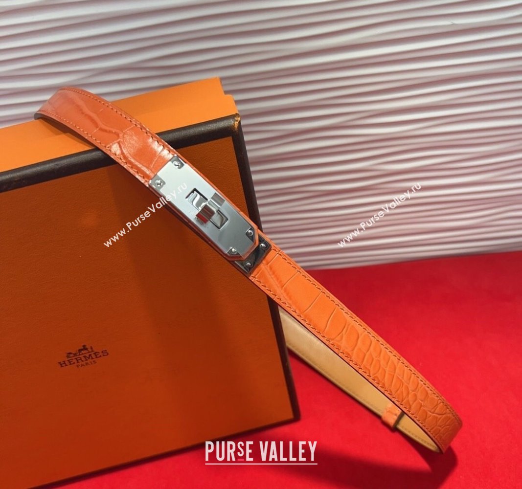 Hermes Kelly Duo Belt 1.8cm in Crocodile Embossed Calfskin with Metal-Tone Buckle Orange/Silver 2025 H2011025 (99-250508167)