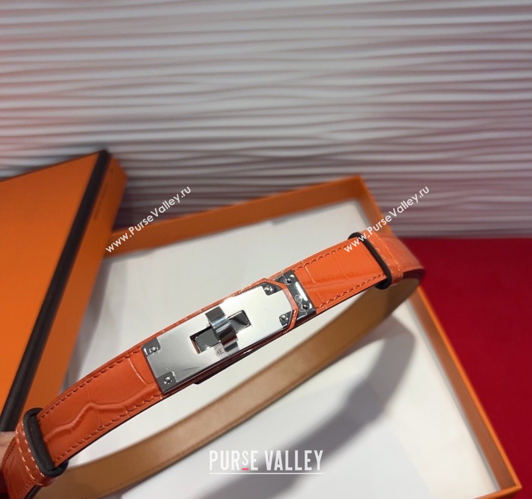 Hermes Kelly Duo Belt 1.8cm in Crocodile Embossed Calfskin with Metal-Tone Buckle Orange/Silver 2025 H2011025 (99-250508167)