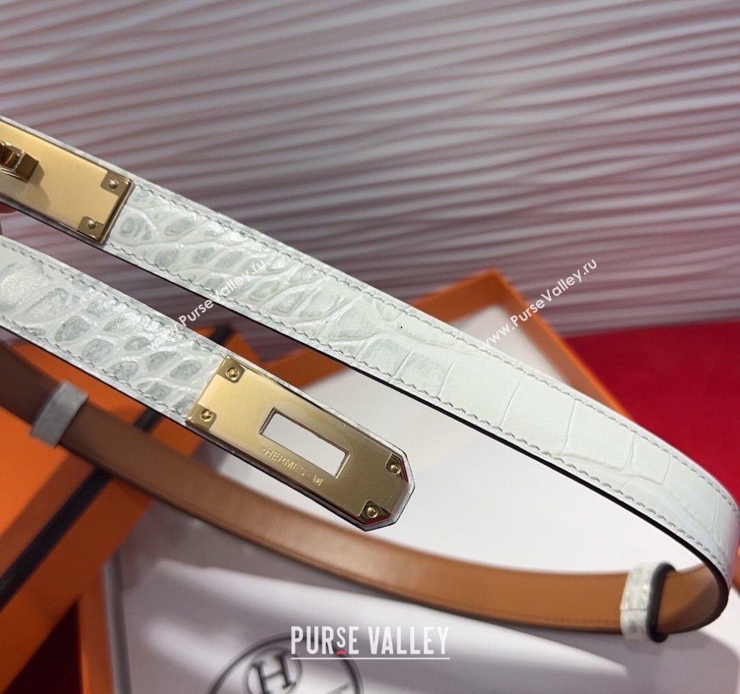 Hermes Kelly Duo Belt 1.8cm in Crocodile Embossed Calfskin with Metal-Tone Buckle White 2025 H2011025 (99-250508168)