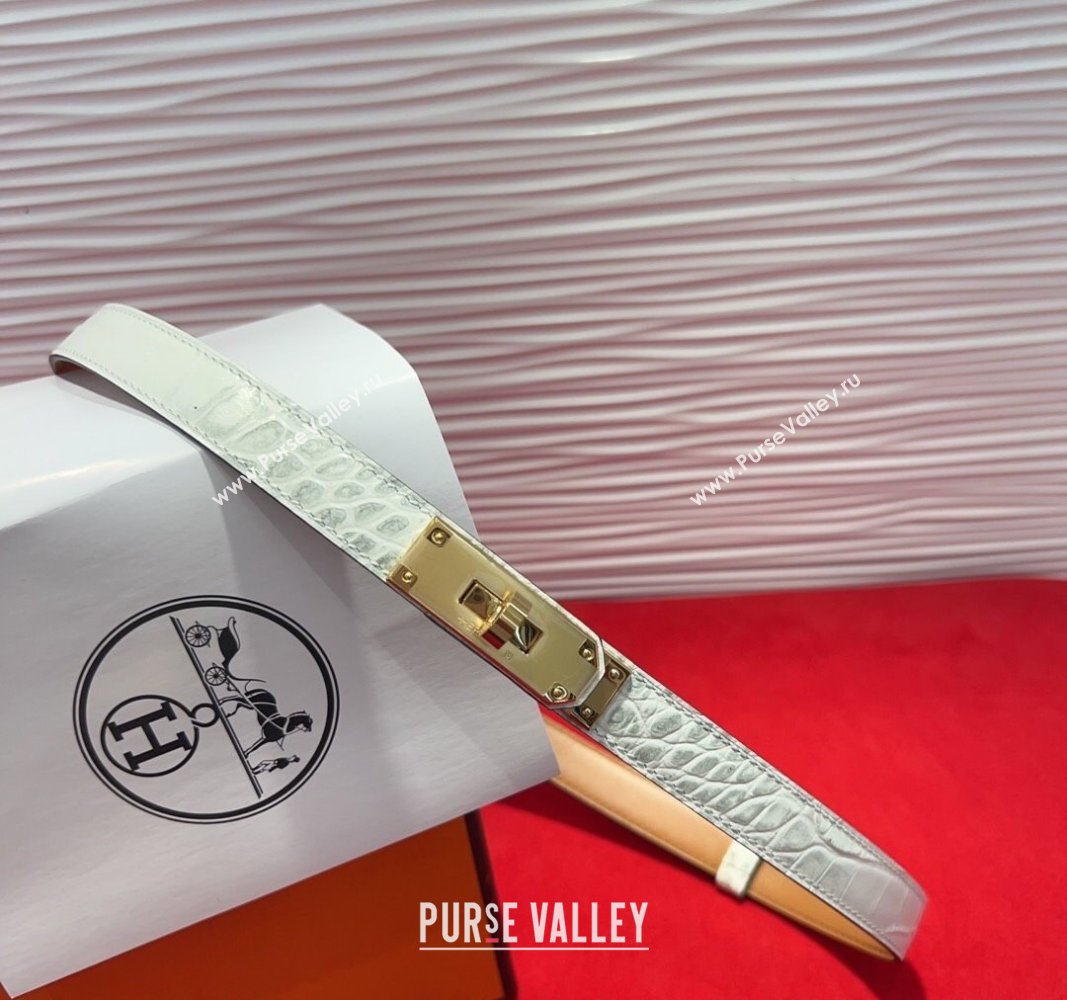 Hermes Kelly Duo Belt 1.8cm in Crocodile Embossed Calfskin with Metal-Tone Buckle White 2025 H2011025 (99-250508168)