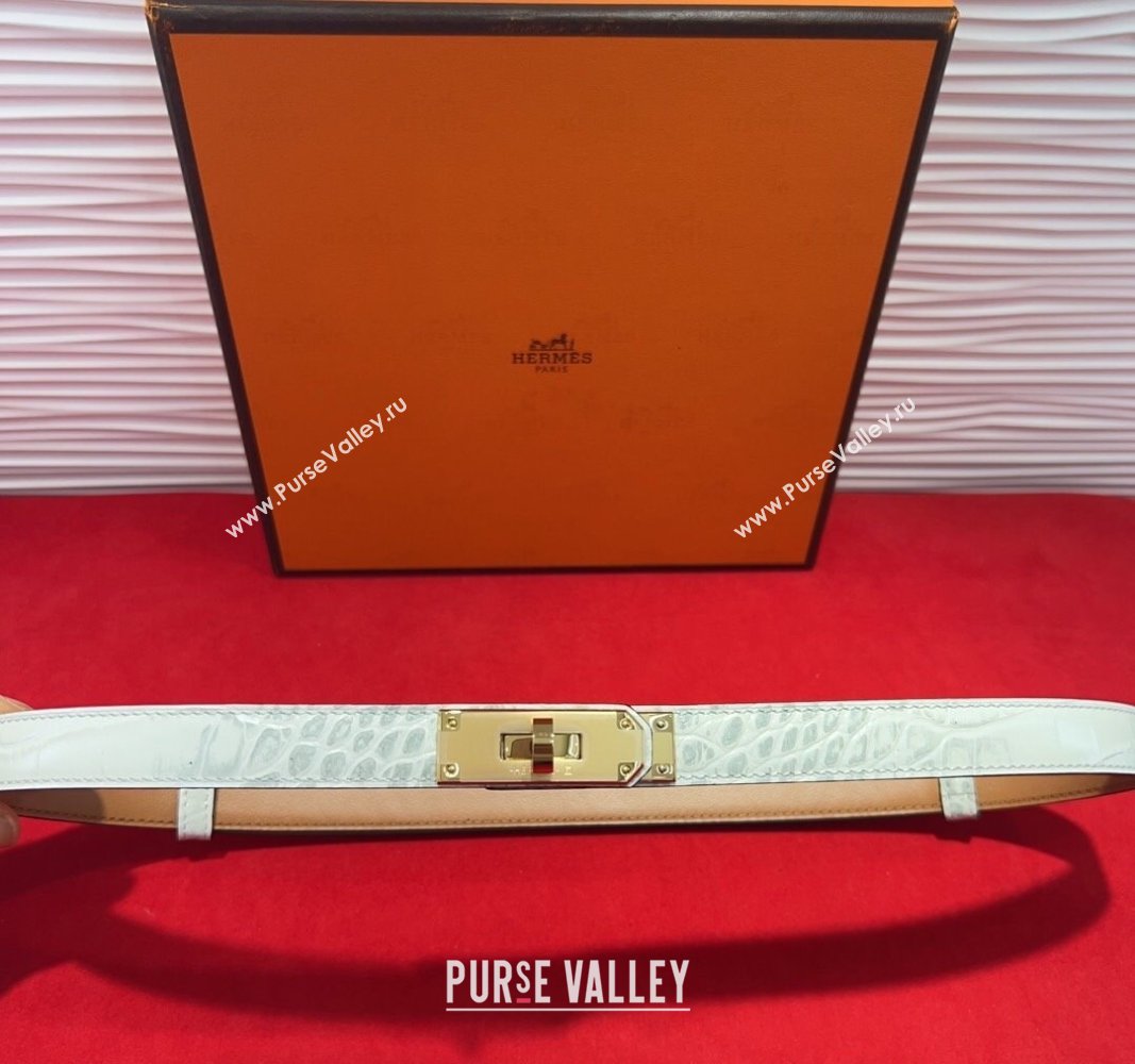 Hermes Kelly Duo Belt 1.8cm in Crocodile Embossed Calfskin with Metal-Tone Buckle White 2025 H2011025 (99-250508168)