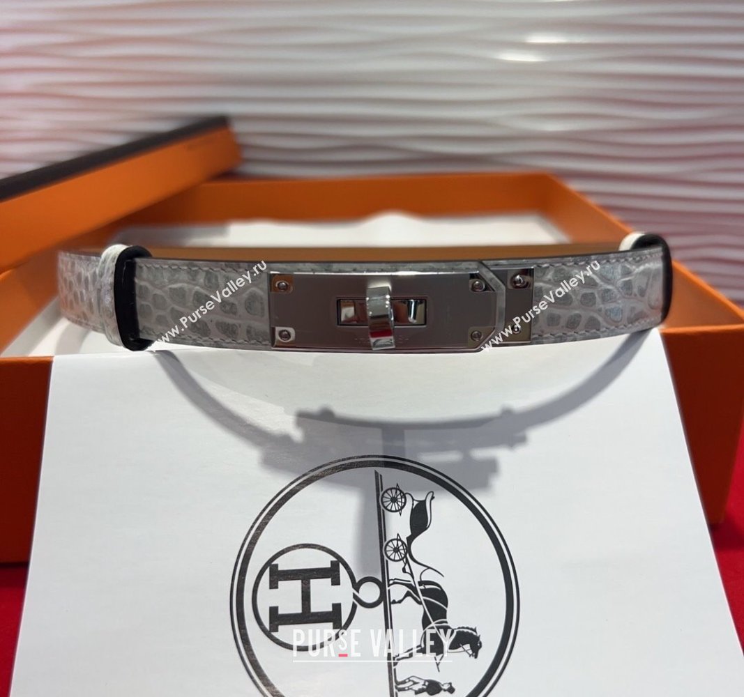Hermes Kelly Duo Belt 1.8cm in Crocodile Embossed Calfskin with Metal-Tone Buckle White/Silver 2025 H2011025 (99-250508169)