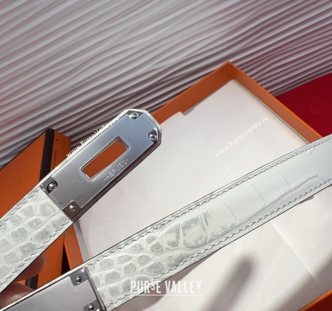 Hermes Kelly Duo Belt 1.8cm in Crocodile Embossed Calfskin with Metal-Tone Buckle White/Silver 2025 H2011025 (99-250508169)