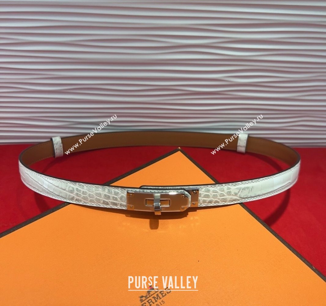 Hermes Kelly Duo Belt 1.8cm in Crocodile Embossed Calfskin with Metal-Tone Buckle White/Silver 2025 H2011025 (99-250508169)