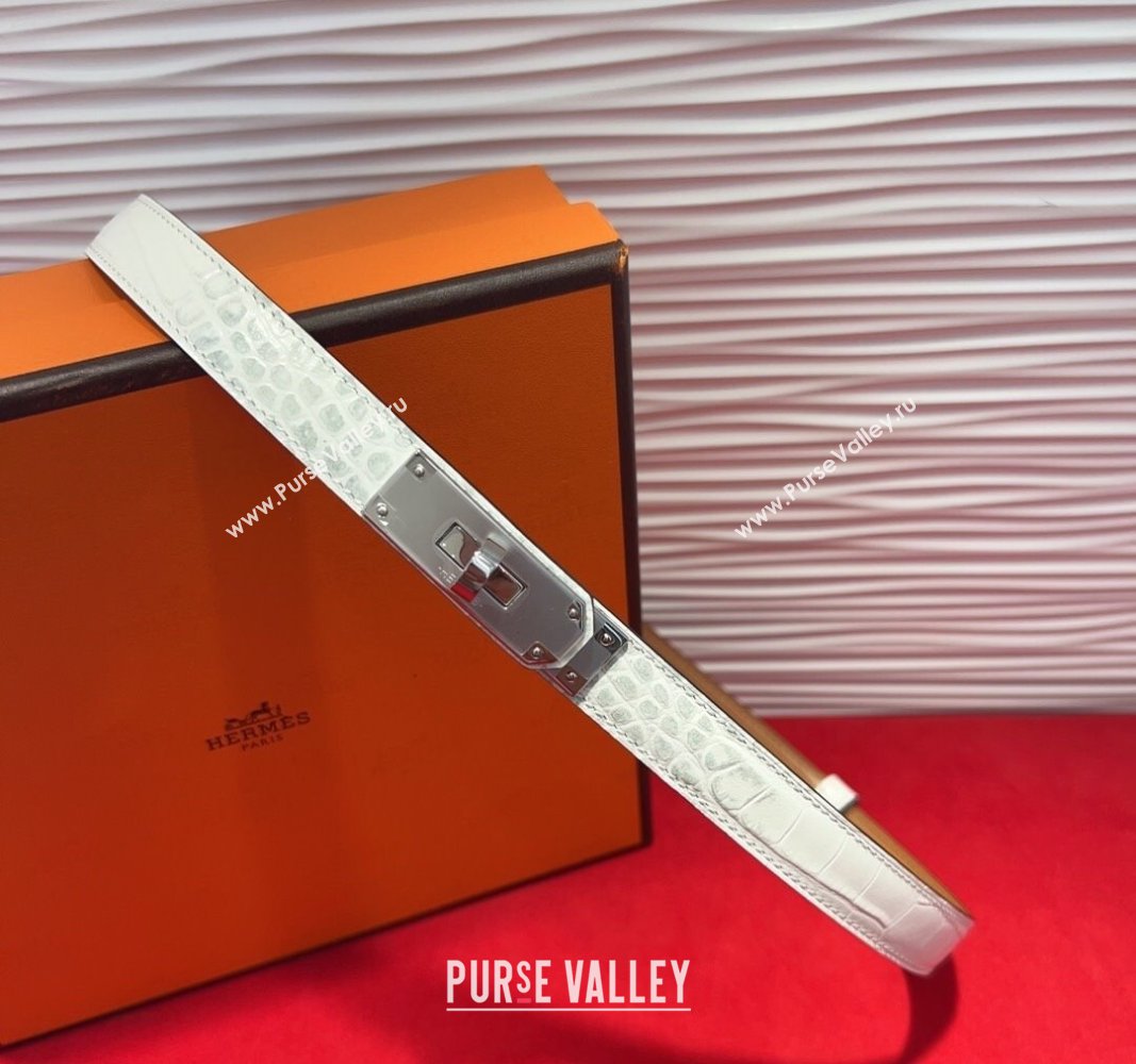 Hermes Kelly Duo Belt 1.8cm in Crocodile Embossed Calfskin with Metal-Tone Buckle White/Silver 2025 H2011025 (99-250508169)