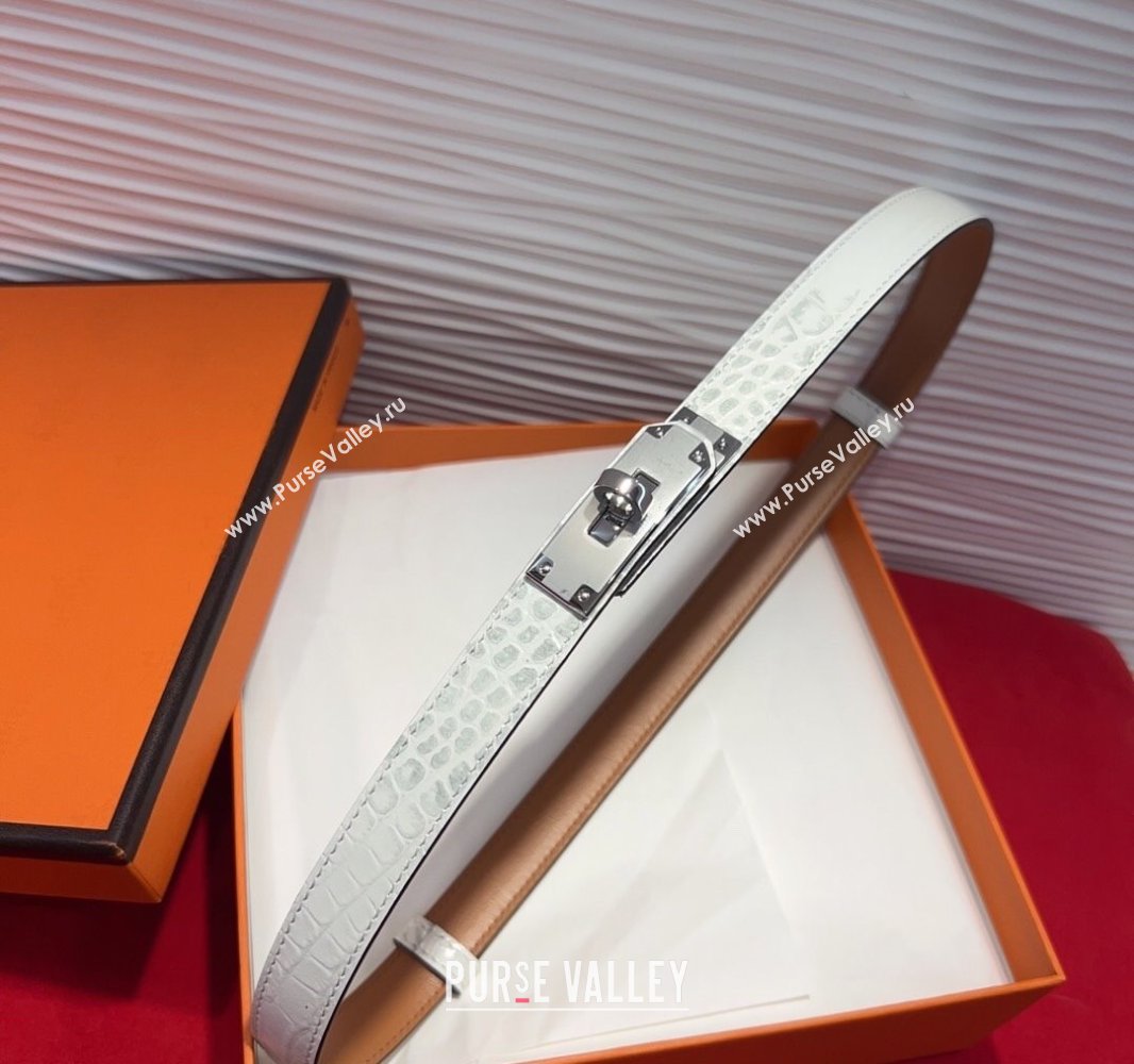 Hermes Kelly Duo Belt 1.8cm in Crocodile Embossed Calfskin with Metal-Tone Buckle White/Silver 2025 H2011025 (99-250508169)