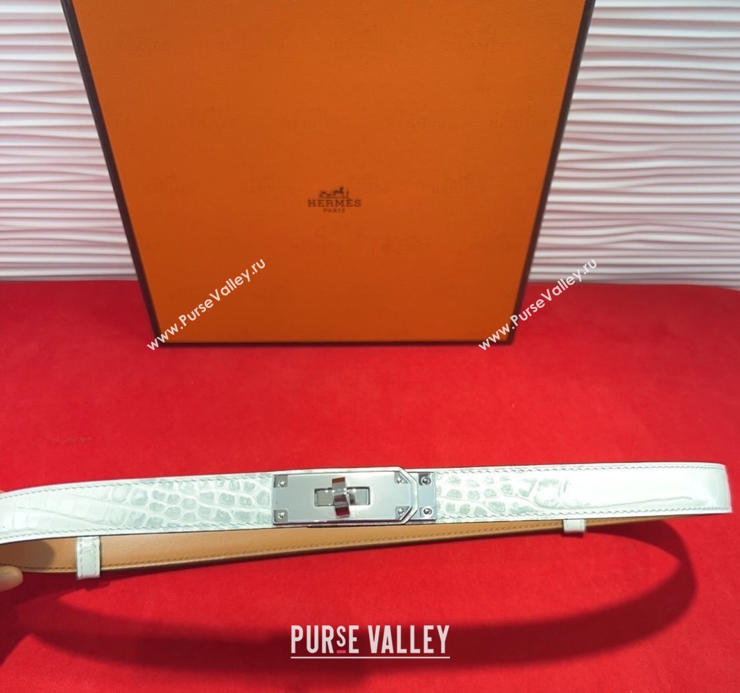 Hermes Kelly Duo Belt 1.8cm in Crocodile Embossed Calfskin with Metal-Tone Buckle White/Silver 2025 H2011025 (99-250508169)