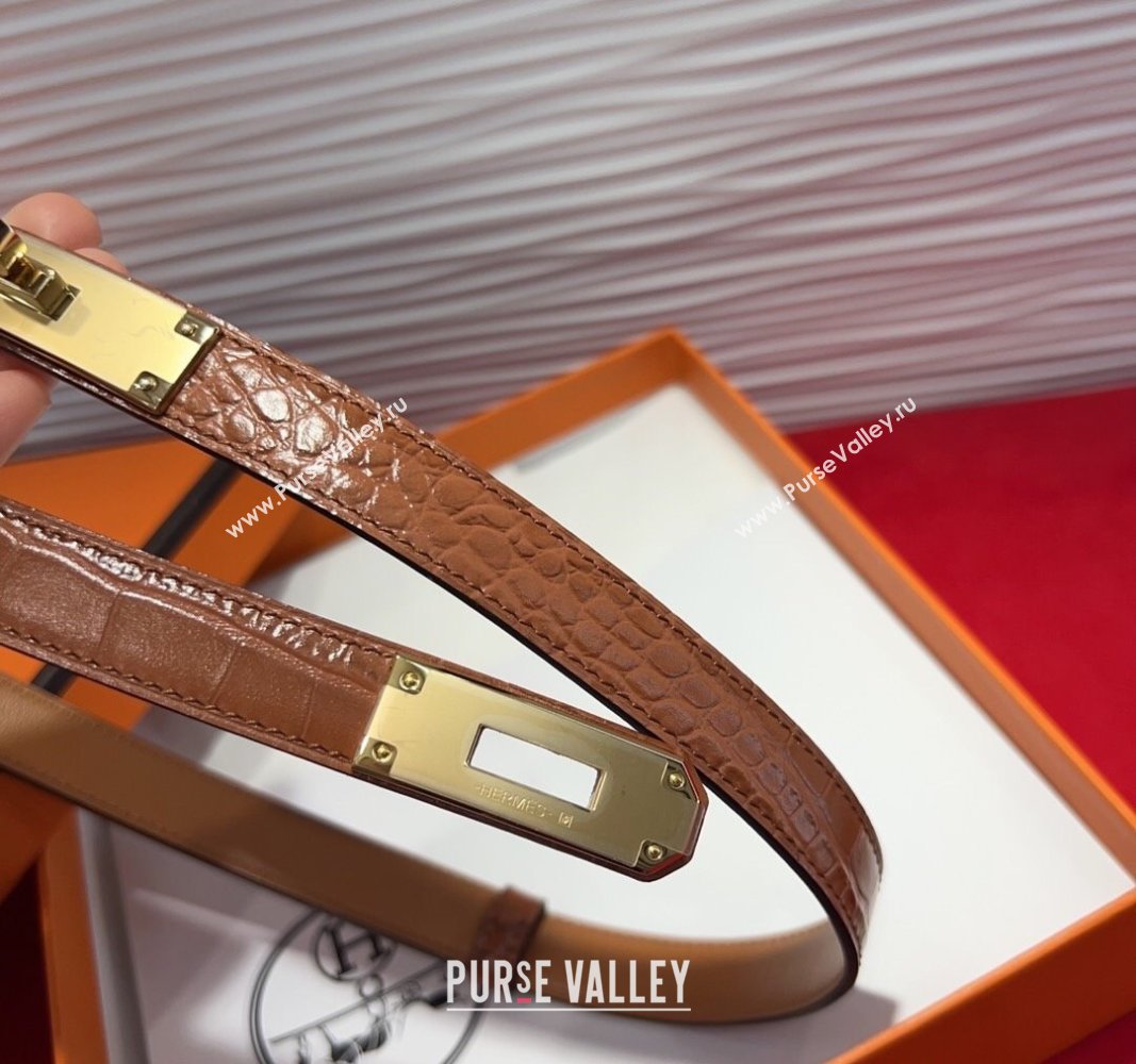Hermes Kelly Duo Belt 1.8cm in Crocodile Embossed Calfskin with Metal-Tone Buckle Brown2/Gold 2025 H2011025 (99-250508170)