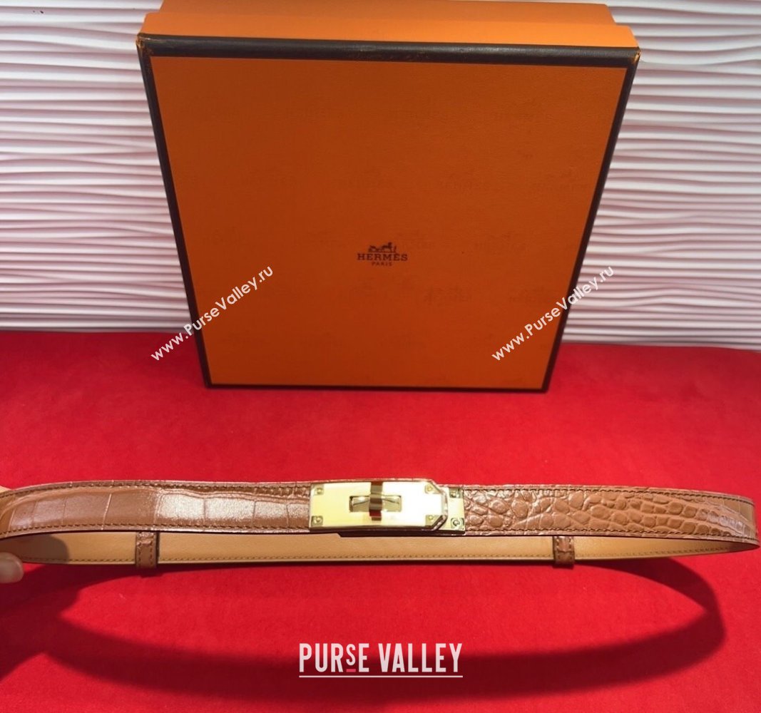 Hermes Kelly Duo Belt 1.8cm in Crocodile Embossed Calfskin with Metal-Tone Buckle Brown2/Gold 2025 H2011025 (99-250508170)