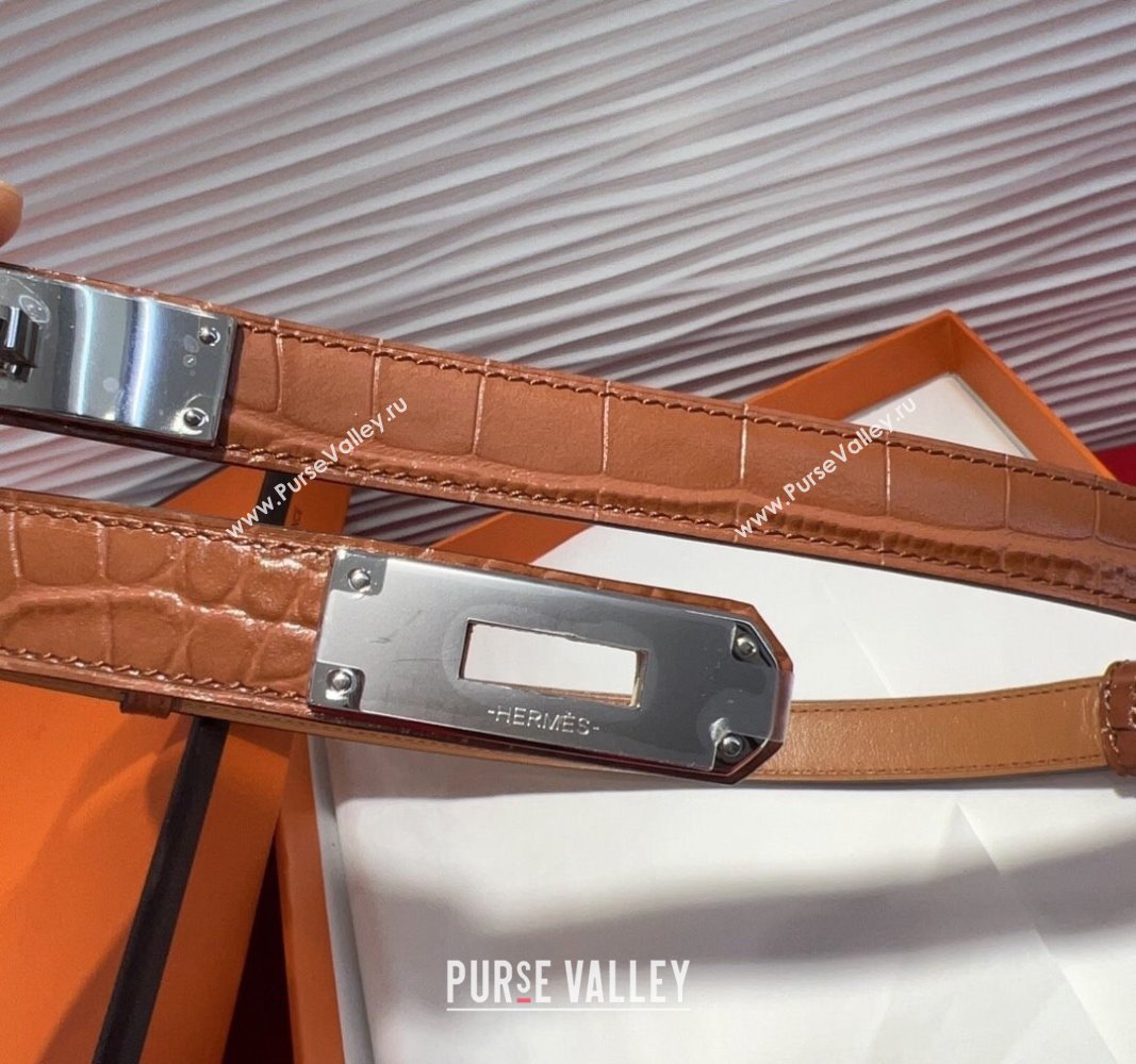 Hermes Kelly Duo Belt 1.8cm in Crocodile Embossed Calfskin with Metal-Tone Buckle Brown2/Silver 2025 H2011025 (99-250508171)