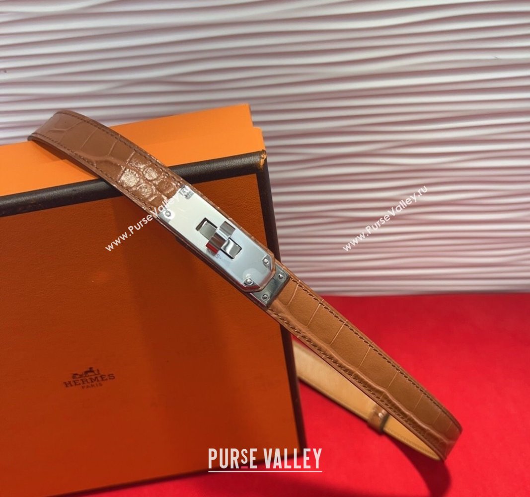 Hermes Kelly Duo Belt 1.8cm in Crocodile Embossed Calfskin with Metal-Tone Buckle Brown2/Silver 2025 H2011025 (99-250508171)