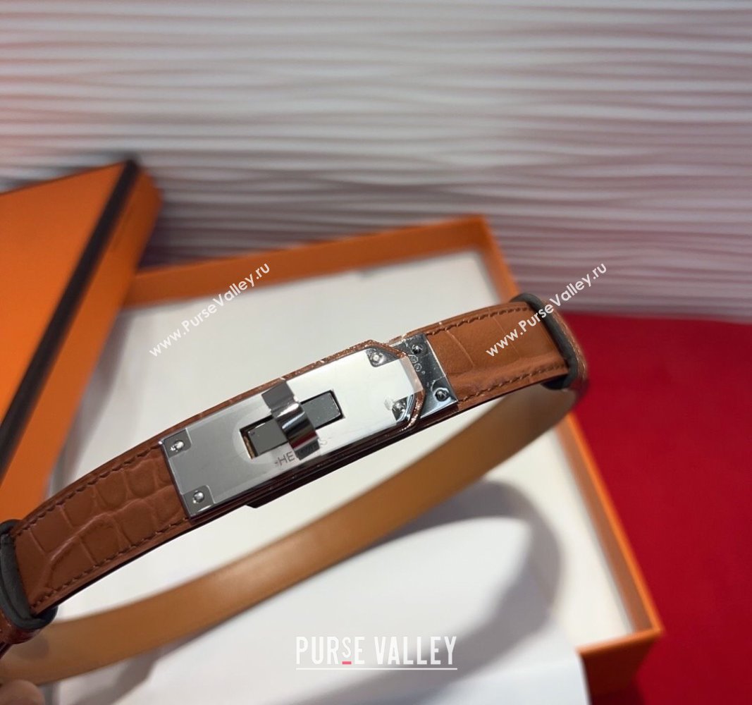 Hermes Kelly Duo Belt 1.8cm in Crocodile Embossed Calfskin with Metal-Tone Buckle Brown2/Silver 2025 H2011025 (99-250508171)