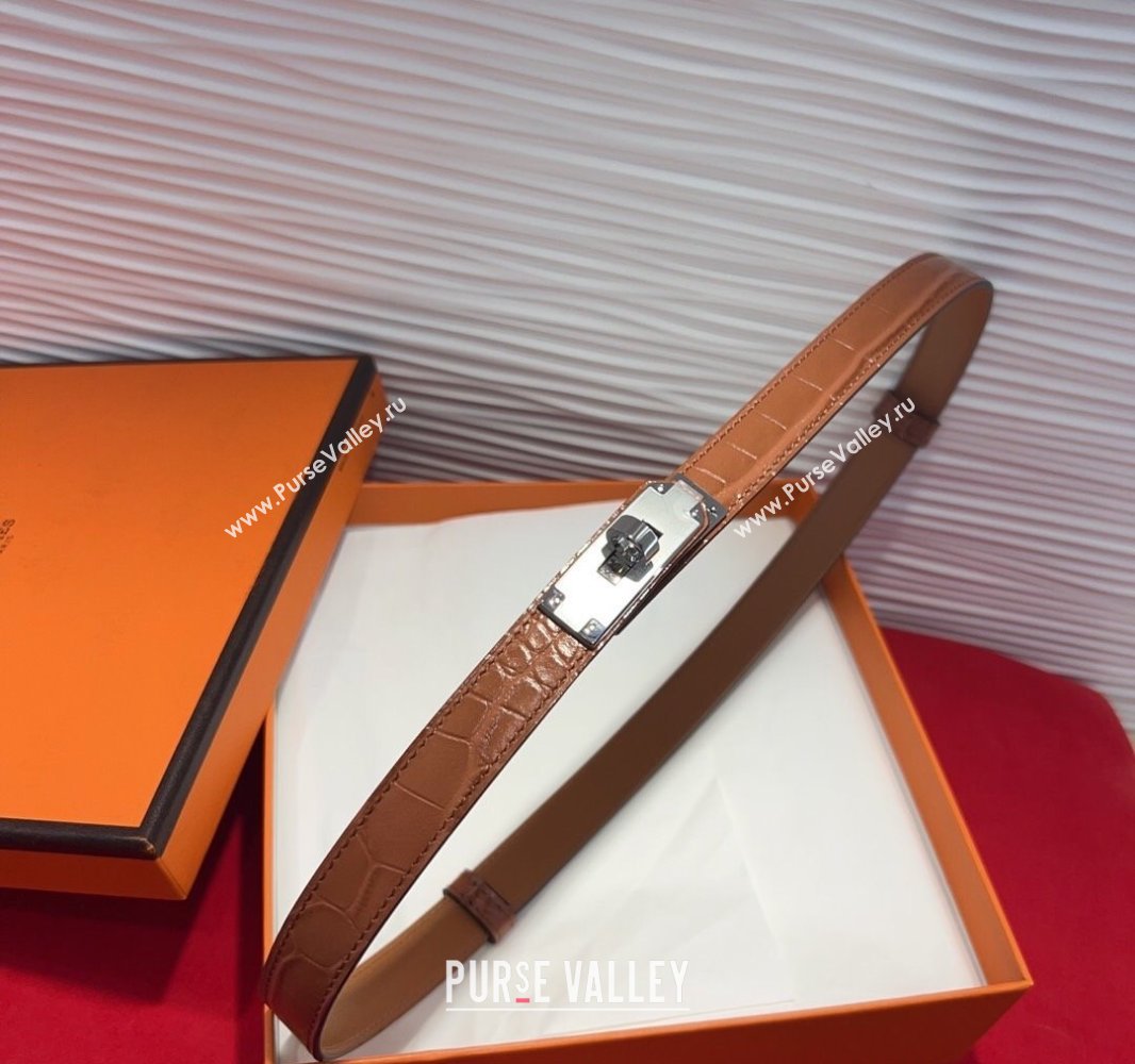 Hermes Kelly Duo Belt 1.8cm in Crocodile Embossed Calfskin with Metal-Tone Buckle Brown2/Silver 2025 H2011025 (99-250508171)