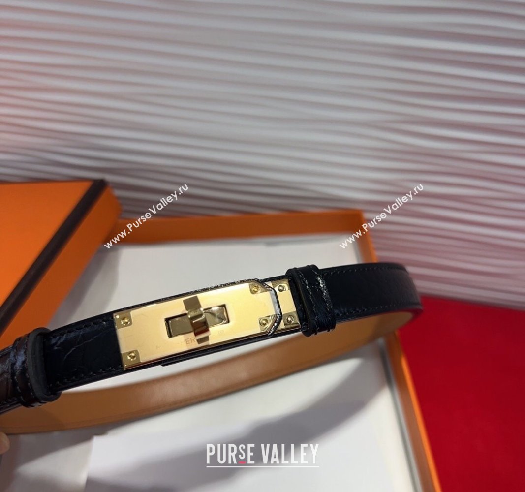 Hermes Kelly Duo Belt 1.8cm in Crocodile Embossed Calfskin with Metal-Tone Buckle Black/Gold 2025 H2011025 (99-250508172)