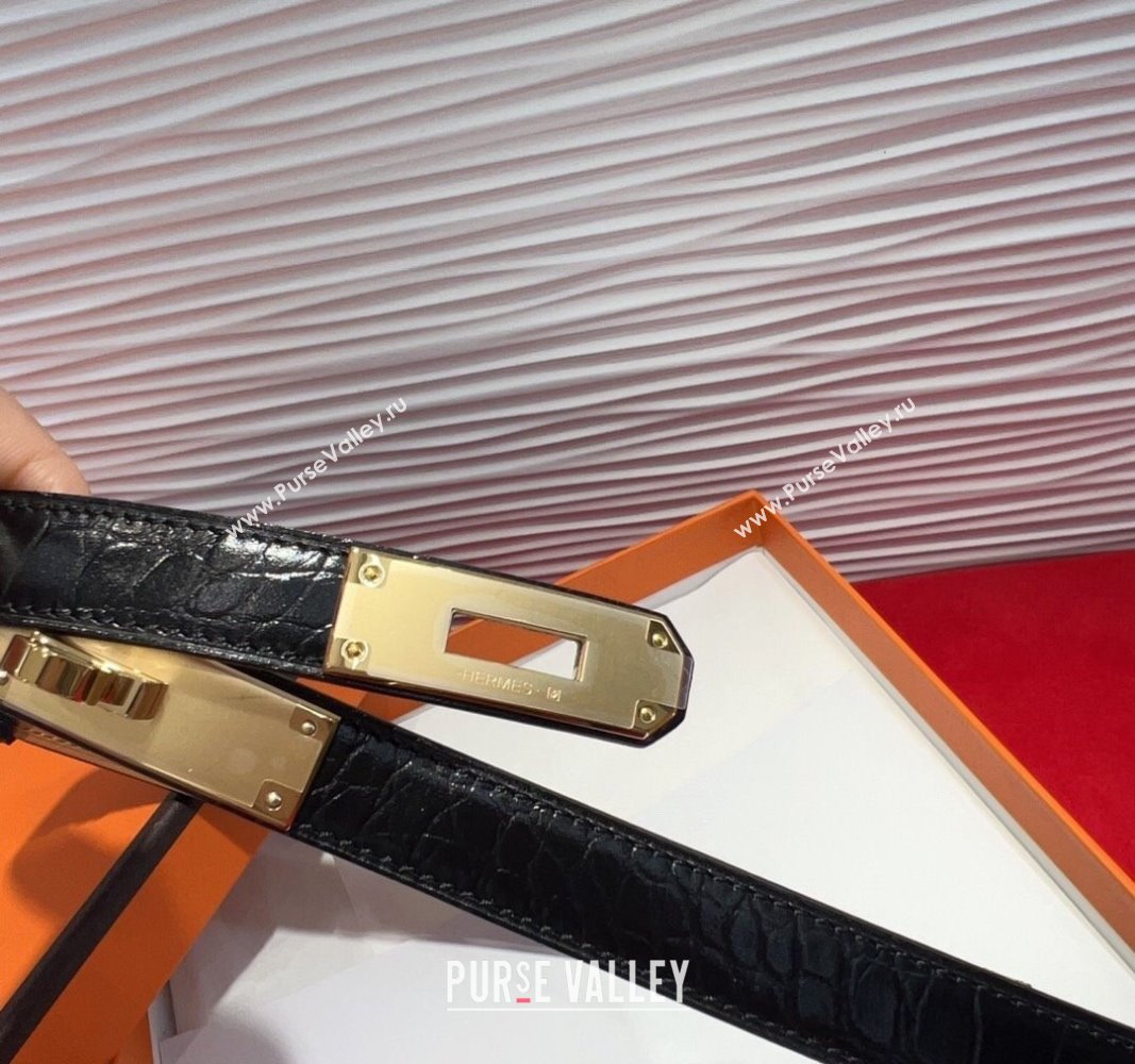 Hermes Kelly Duo Belt 1.8cm in Crocodile Embossed Calfskin with Metal-Tone Buckle Black/Gold 2025 H2011025 (99-250508172)