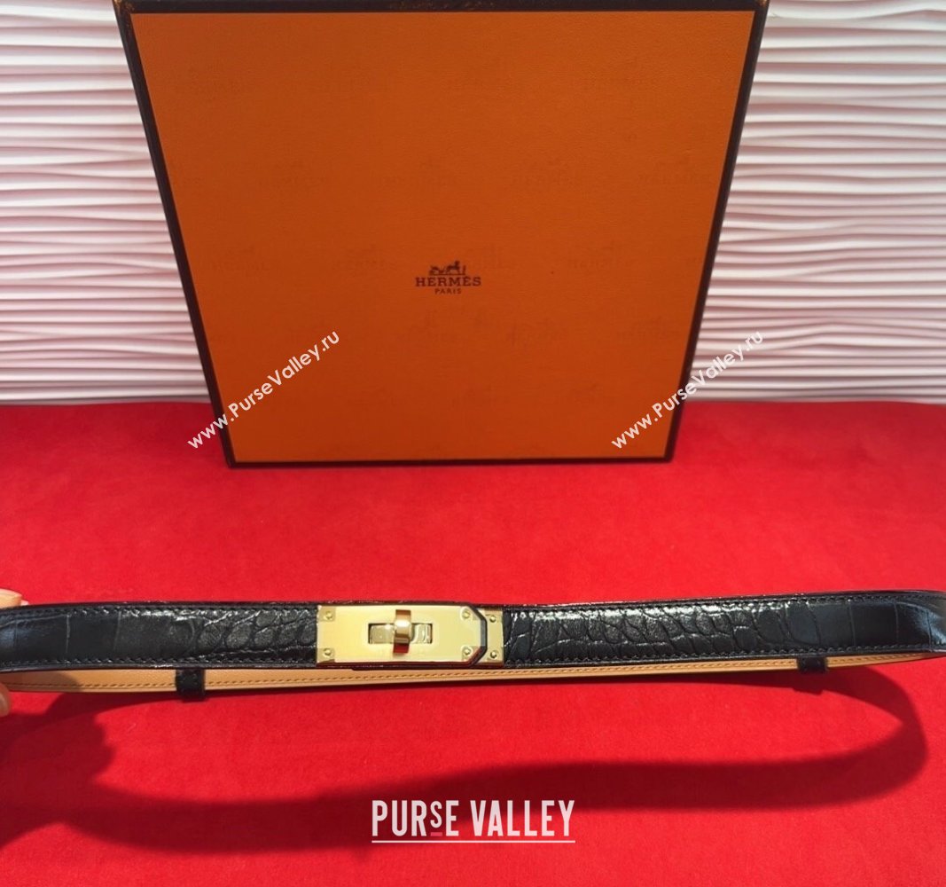 Hermes Kelly Duo Belt 1.8cm in Crocodile Embossed Calfskin with Metal-Tone Buckle Black/Gold 2025 H2011025 (99-250508172)