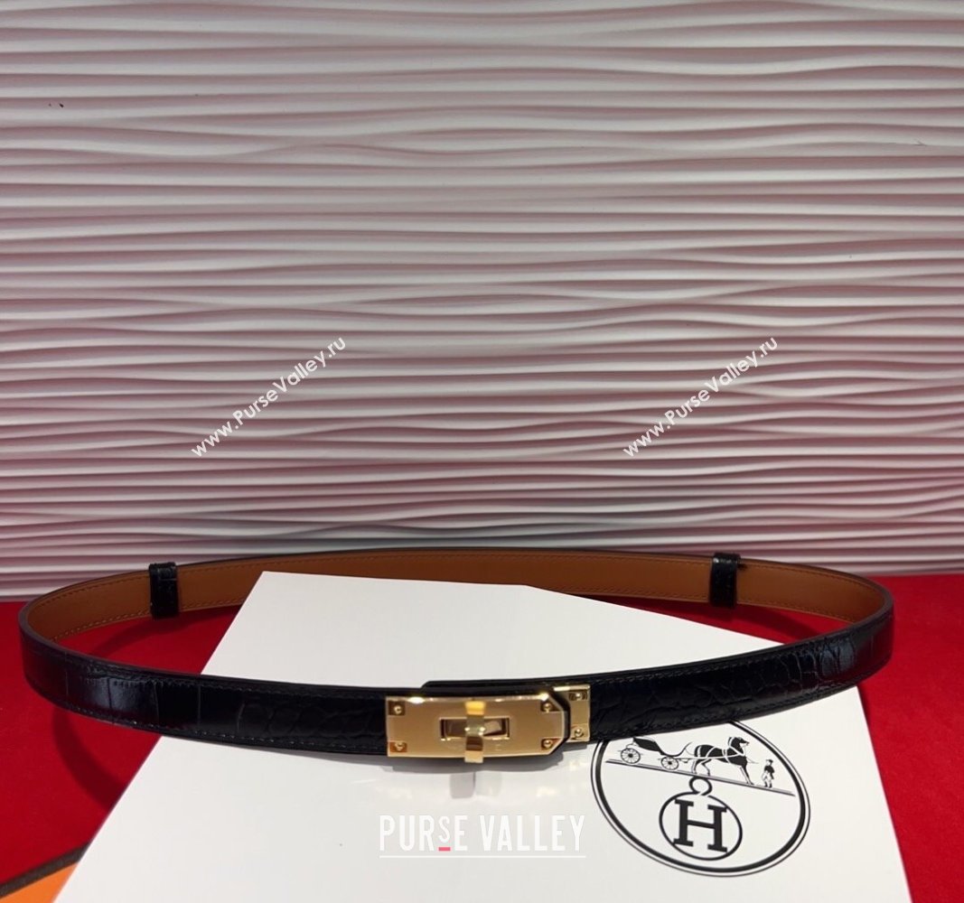 Hermes Kelly Duo Belt 1.8cm in Crocodile Embossed Calfskin with Metal-Tone Buckle Black/Gold 2025 H2011025 (99-250508172)